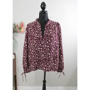 LOFT Floral Smocked Puff Sleeve Blouse Burgundy Size Large NWT